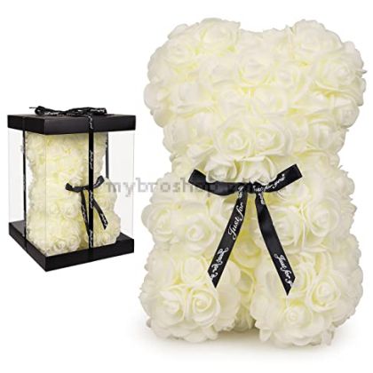 Мече от вечни бели рози в кутия за именни дни, рожденни дни,свети валентин  размер 25СМ
