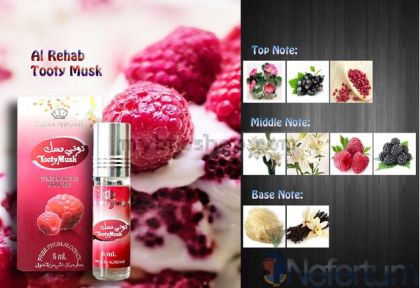 Дълготрайно арабско олио - масло  TOOTY MUSK  от Al Rehab 6мл Касис, розов пипер, шипка,малини, къпини, бели лилии,бял мускус, ванилия 0% алкохол