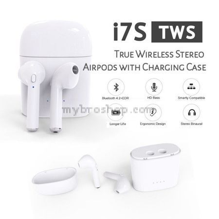 Безжични слушалки i7S tws, Клас ААА, пълен комплект, с зарядна станция и кабел за зареждане, Mic, Multipoint, Бели
