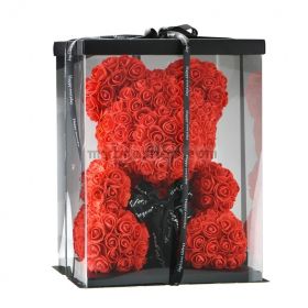 Мече от вечни червени рози в кутия за именни дни, рожденни дни,свети валентин  размер 25СМ