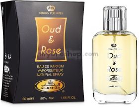 Дълготраен арабски парфюм  Al Rehab 50 ml OUD & ROSE ориенталски аромат на кадифена роза, бял мускус и кехлибар  0% алкохол