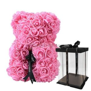 Мече от вечни розови рози в кутия за именни дни, рожденни дни,свети валентин  размер 25СМ
