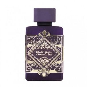 Луксозен арабски парфюм Badee Al Oud Amethyst  от Lattafa Perfumes 100 мл Пачули Дървесни нотки, Кехлибар Карамел, Ванилия Агарово дърво