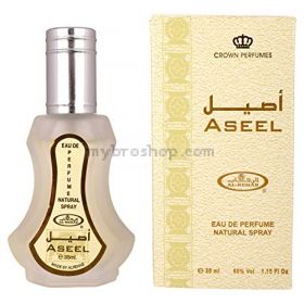 Висококачествен и дълготраен Арабски Парфюм by Al Rehab  Aseeel-35ml  пушен дървесен мускус и следи от карамел и ванилия 0% алкохол