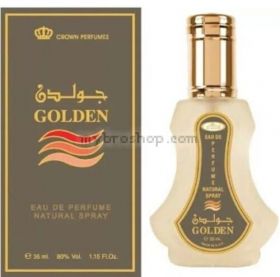 Висококачествен и дълготраен арабски парфюм Al Rehab Golden 35ml аромат на дърво (oud), кехлибар, флорални нотки, карамел и ванилия 0% алкохол
